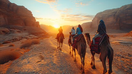 Joyful traveler delighting in group excursion on camels through the desert - Experience travel, leisurely pastimes, and daring expedition idea.