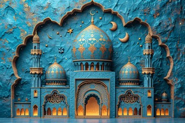 Obraz premium Glowing Blue Mosque at Night: A Stunning 3D Model of a Famous Islamic Landmark Generative AI