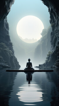 Abstract photo of woman statue doing yoga for meditation inside cave and against moon