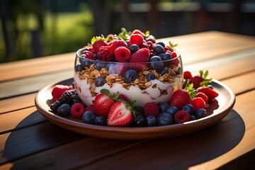 Nutritious granola breakfast with berries bathed in warm sunlight for healthy start