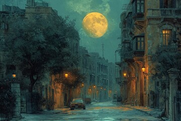 Obraz premium Moonlit Night in the City: A Rainy Evening in the Cityscape Generative AI