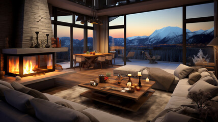 Modern chalet living room with a warm fireplace and a view of snow-covered trees, embodying luxurious comfort.