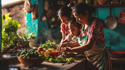 A Latin family bonding over cooking with their kids in the kitchen at their home in Mexico, with...