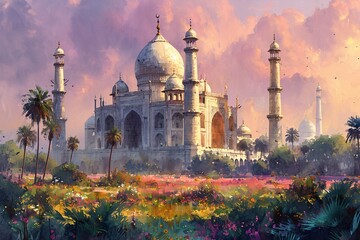 Pink Petals and White Walls: A Tranquil Taj Mahal Moment Generative AI - obrazy, fototapety, plakaty