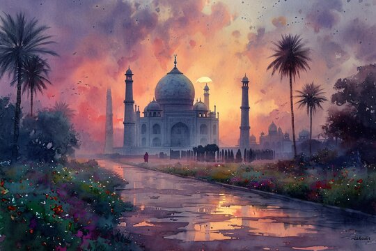 Glowing Taj Mahal at Sunset Generative AI