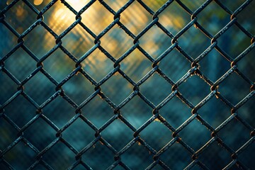 Metallic mesh pattern illuminated by sunlight with intricate fence details and background lighting.