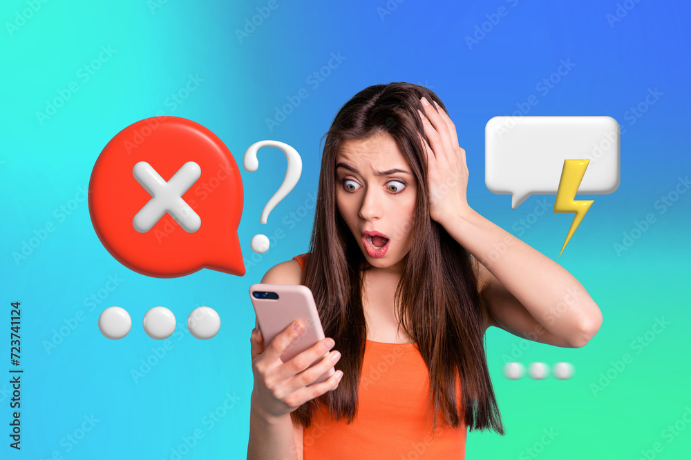Poster creative colorful collage of scared terrified girl check cell smart gadget see read 3d text box cros