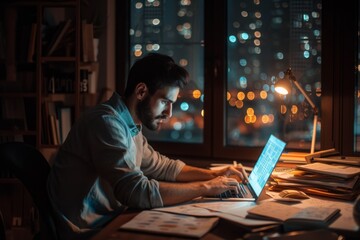 Man working late on laptop in home office