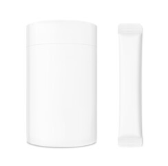 Paper tube package with blank stick package bag mockups. Vector illustration isolated on white background. Can be used for food, cosmetic, medical. EPS10.