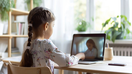 young girl engaged in an online learning session, writing notes while participating in a video call with a teacher on her laptop at a home study setup