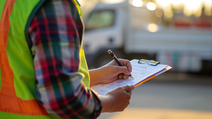 close-up of a person in a high-visibility vest writing on a clipboard