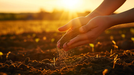 pair of hands gently releasing soil against a backdrop of a sunset over a field