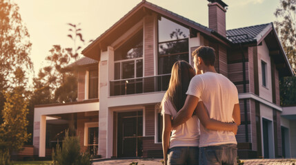 couple standing on a lawn and embracing as they look towards a modern new house - Powered by Adobe
