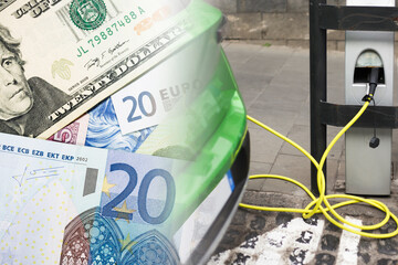 Electric car cost background. Price of hybrid car driving. Charging electric car with yellow cable. Charging station. Planet sacing price.