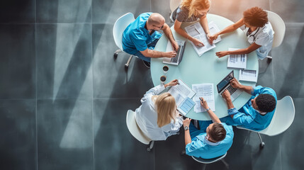 Medical team engaged in a discussion around a round table, viewed from a high angle. - obrazy, fototapety, plakaty