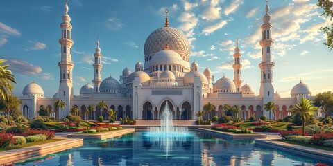 Arabian Nights - A stunning white mosque with a blue fountain and a beautiful blue sky in the background. Generative AI - obrazy, fototapety, plakaty