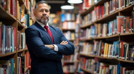 distinguished looking middle-aged man with salt and pepper hair, wearing a suit and standing with his arms crossed in front of a bookshelf filled with books