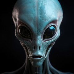 Alien with big eyes triangular facial expression on black background. Generative ai