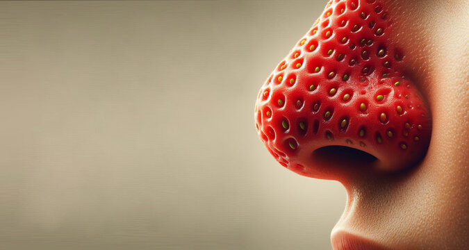 A Close-up Of A Human Nose, Surface Textured Like A Ripe Strawberry, Cleaning Skin Pores Concept. Fashion Style. Beauty Procedures For Banner, Flyer, Poster, Card With Copy Space