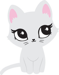 Illustration of cute cat, kitten. Baby, child, cute portrait. Little face, little animal, pet. White character, black graphic. Stickers, wall art, kids room decoration, cutie full face, small kitty