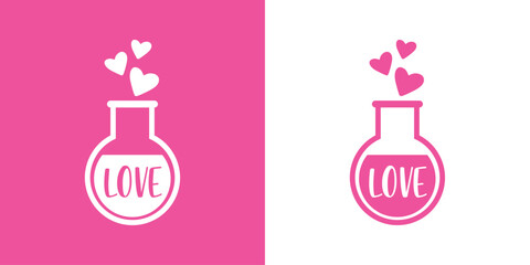 Logo del día de San Valentín. Poción de amor. Botella de cristal con líquido con palabra LOVE y corazones para su uso en felicitaciones y tarjetas © teracreonte
