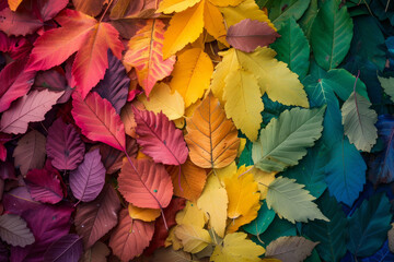 Isolated leaves. Collection of multicolored fallen autumn leaves isolated on white background. Falling leaves in rainbow colors, flat lay. Colors of Fall