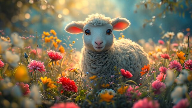 Sheep in Flower Field Generative AI