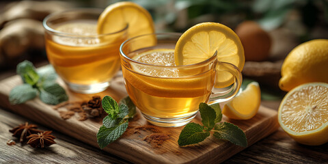Tee in Glas Tasse und frischer Zitrone als Heilmittel aufgeschnitten, ai generativ