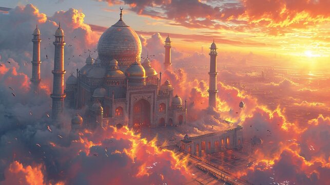 Golden Sunset Over the Taj Mahal: A Timeless Beauty in the Sky Generative AI