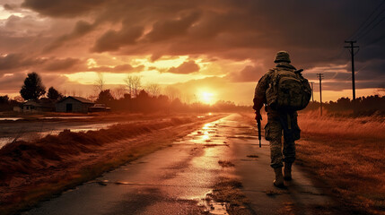 solitary figure in military gear, walking on a wet road at sunset, amidst a dramatic landscape, ai generative