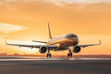 Fototapeta na wymiar a commercial airplane landing during a golden sunset, beautifully illuminating the aircraft against the vibrant sky, ai generative