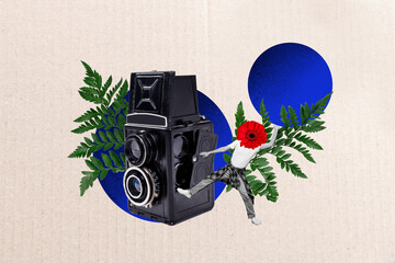 Collage artwork graphics picture of flower head guy recording video vintage camera isolated...