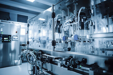 Fototapeta premium a modern automated laboratory with intricate machinery, tubing, and transparent containers, illuminated in a cool blue tone, ai generative