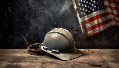 American flag and safety helmet