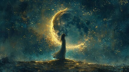 Obraz premium Glowing Girl in a Dress Under a Full Moon Generative AI