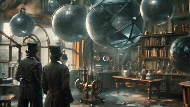 Steampunk gentlemen working in a victorian laboratory with metallic floating spheres animation