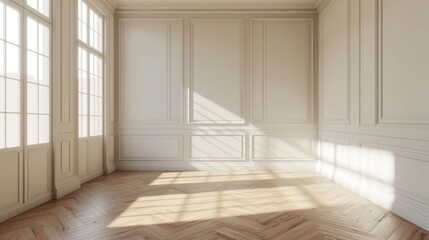Minimalist empty room with beige and white backgrounds, parquet floor, sun ray, cozy home. Copy space are for office and living rooms. 3d rendering