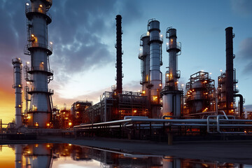 Fototapeta na wymiar a complex oil refinery with towering structures, illuminated against a dramatic sunset, reflected on calm water, ai generative