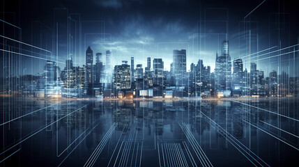 a futuristic cityscape at night with digital overlays, reflected on a surface under a cloudy sky, ai generative