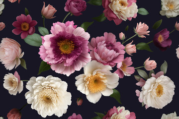 Luxury Seamless Pattern. Beautiful fantastic garden flowers on Black background. Blooming Pink Peonies and Roses. Ceremonial Design. Vintage illustration. Template for fabrics, paper, wallpaper. - 723743959