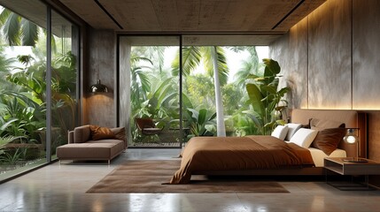 Fototapeta na wymiar Modern contemporary loft style bedroom with tropical style garden view 3d render,The room has concrete tiled floors and walls and wooden ceilings. Furnished with brown furniture