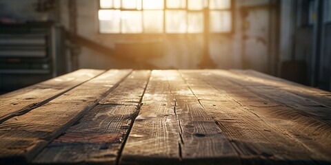 Vintage wooden table in a rustic workshop, captured in a retro photo with a mix of light and dark tones. - obrazy, fototapety, plakaty