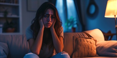 Obraz premium Attractive Latina female weeping on couch in residence.