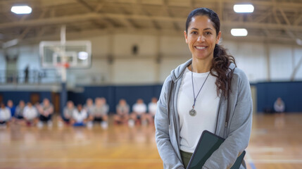 female coach holding a clipboard is standing in a gymnasium with a group of students seated on the floor in the background