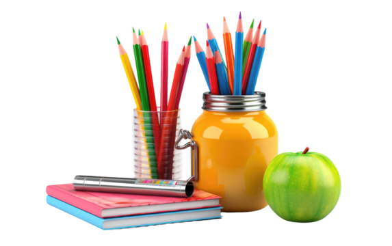 supplies of office and school on white or PNG transparent background.