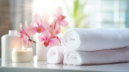 Fotobehang Spa orchid and towels in the bathroom, spa concept 