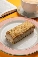 A delicious Napoleon cake in a restaurant. Close-up