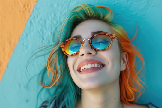 girl with colorful hair and tatoos laughing with sunglasses, top and jacket at a street in evening