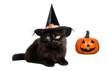 Black cat in halloween hat lying on the floor isolated on white background. Generative AI.