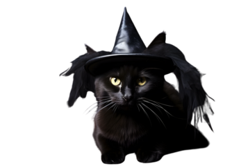 Black cat in halloween hat lying on the floor isolated on white background. Generative AI.